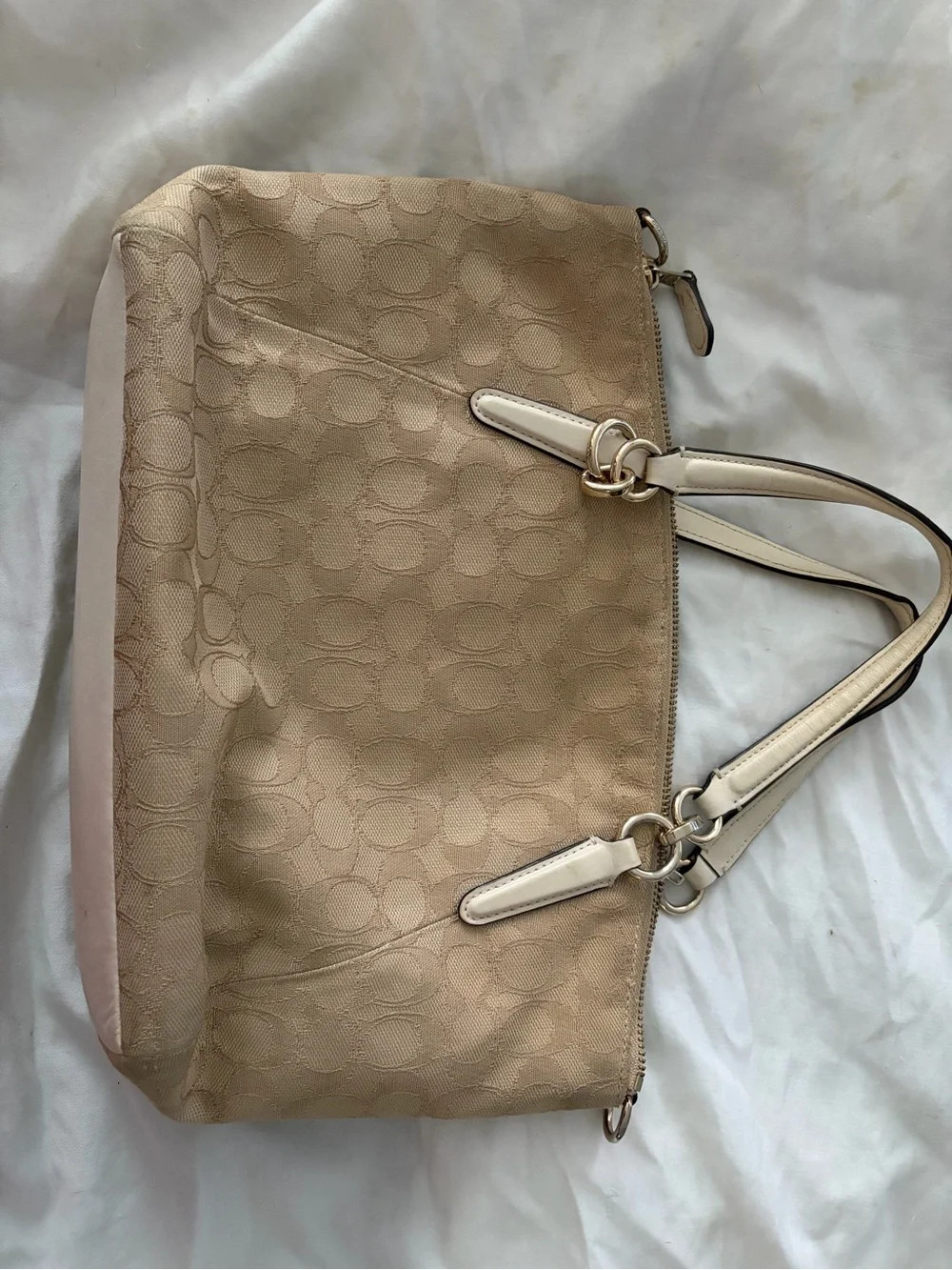 Coach Beige Signature Jacquard Tote with White Leather Trim